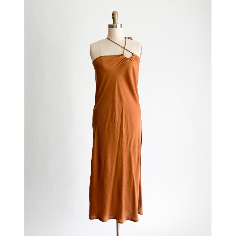 Free People Midi Dress One Shoulder Halter Cowl Back M Rust Orange Asymmetrical